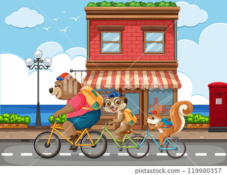 Animals Biking Together by the Sea 119980357