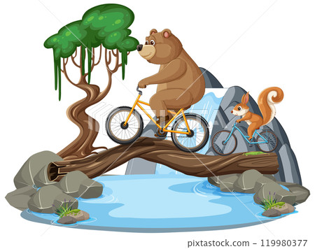 Animals Biking Across a Log Bridge Animals Biking Across a Log Bridge 119980377