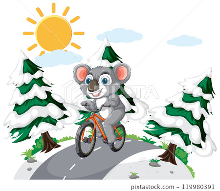 Koala Cycling Through Snowy Forest Koala Cycling Through Snowy Forest 119980391