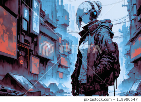 AI-generated image of a travelling girl with hollow eyes standing on the street of an abandoned city AI-generated image of a travelling girl with hollow eyes standing on the street of an abandoned city 119980547