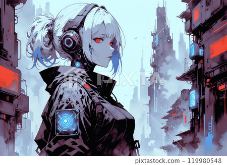 "AI generated image" of a girl in black clothes with red eyes standing in a futuristic metropolis 119980548