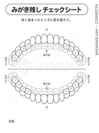 Black and white checklist for brushing missing areas during the permanent dentition stage - dyed illustrations 119980554