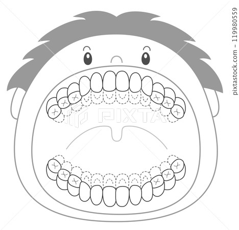 Black and white: Mixed dentition stage checklist for areas that need brushing - dyed illustrations 119980559