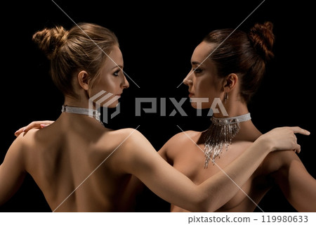 Two gorgeous women topless shot Two gorgeous women topless shot 119980633
