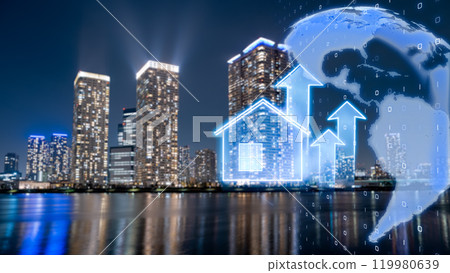 Image of Japanese real estate growth. The concept of the Japanese real estate bubble with high-rise apartment buildings as the backdrop. 119980639