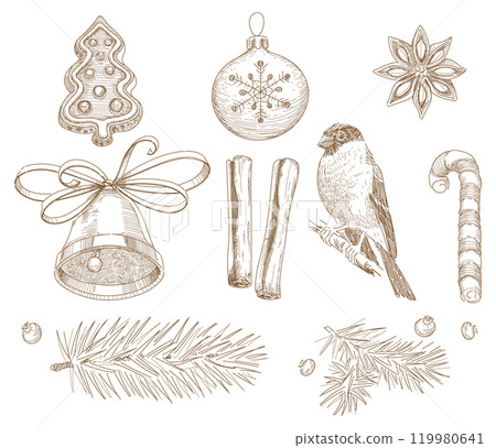 Christmas decoration and accessory set bell, spruce branch, ball, bullfinch, gingerbread, striped lollipop, cinnamon 119980641