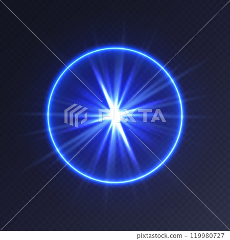 Blue light flare, glowing shiny sparkle, lens flare effect, bright glimmering glare. 119980727