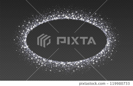 Silver glitter frame, shimmering border in oval shape, festive holiday sparkles. Christmas decoration. 119980733