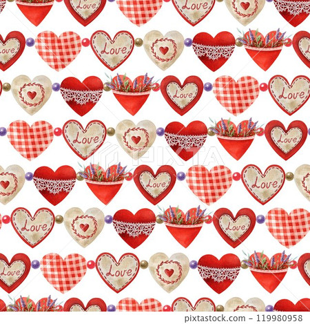 Valentines Day seamless pattern decor. Hand drawn watercolor illustration vintage style hearts on white background. Perfect for romantic designs, backgrounds, holiday decor, wrapping paper 119980958
