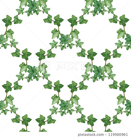 Ivy plant geometric seamless pattern. Watercolor botanical illustration. Green lush hedera helix painted image. Evergreen hedera garden herb seamless pattern element on white background 119980961