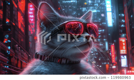 賽博龐克風格的貓戴墨鏡AI影像 119980963