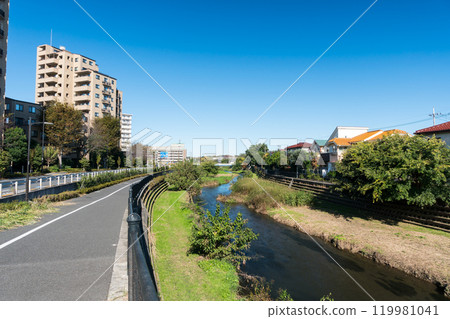 野川風景，陽光明媚的秋天天氣，東京調布市國陵町 119981041