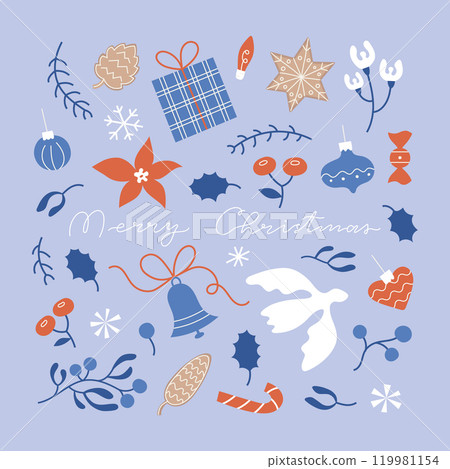 Minimalistic retro elements set with traditional Merry Christmas winter greeting card, banner template. Minimalistic retro elements set with traditional Merry Christmas winter greeting card, banner template. 119981154