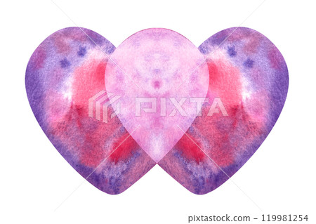 Two purple hearts blending into each other isolated on white. W letter. Hand painted watercolor illustration. Perfect St Valentine day, for love cards, posters, textile, hospital decor 119981254