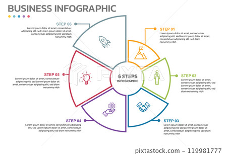 Visual data presentation. Cycle diagram with 6 options. Pie Chart Circle thin line infographic template with 6 steps, options, parts, segments. Business concept. Marketing infographic vector 119981777