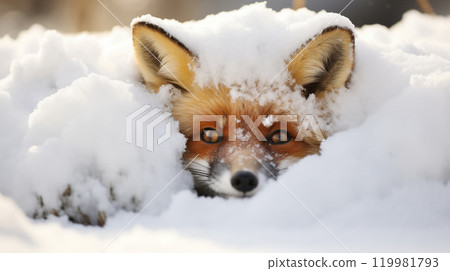 Burrowing deep into the snow, the fox finds solace in its icy sanctuary, a solitary figure in a winter wonderland. AI Generated Burrowing deep into the snow, the fox finds solace in its icy sanctuary, a solitary figure in a winter wonderland. AI Generated 119981793