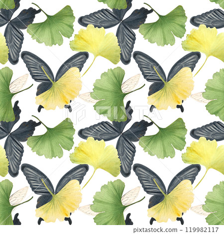 Ginkgo leaves, black Swallowtail butterfly, creamy insect wings seamless pattern isolated on white background. Hand-painted detailed watercolor perfect for textile, scrapbook, wrapping paper, packages Ginkgo leaves, black Swallowtail butterfly, creamy insect wings seamless pattern isolated on white background. Hand-painted detailed watercolor perfect for textile, scrapbook, wrapping paper, packages 119982117