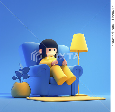 A girl is sitting on a sofa and looking at her smartphone 119982130