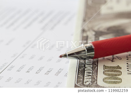 pen, money and balance sheet of bank arrangement flat lay style at office  119982259