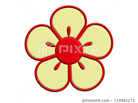 梅花圖示材料，花瓣淡黃色，花心紅色。日式風格設計的 3D 插圖 119982273
