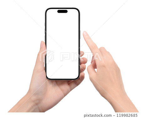 Hand holding a smartphone and finger operating 119982685