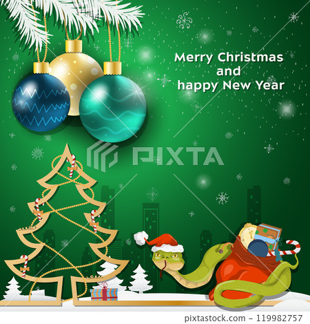 Christmas and New Year greetings Christmas balls hang on tree branches a snake in a Santa Claus hat wraps around a bag of gifts 119982757