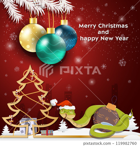 Christmas and New Year greetings Christmas balls hang on tree branches A snake in a Santa Claus hat wraps around a Christmas ball Christmas and New Year greetings Christmas balls hang on tree branches A snake in a Santa Claus hat wraps around a Christmas ball 119982760