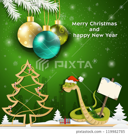 Christmas and New Year greetings Christmas balls hanging on tree branches A snake in a Santa Claus hat with a wooden plaque 119982785