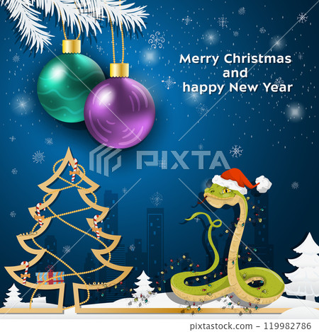 Christmas and New Year greetings Christmas balls hanging on tree branches A snake in a Santa Claus hat wrapped in a garland 119982786