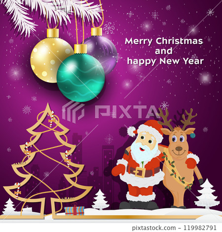 Christmas and New Year greetings Christmas tree balls hanging on tree branches Santa Claus and Reindeer hugging 119982791