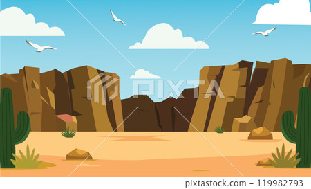 American Desert Nature Landscape Wallpaper with Rocky Cliff and Cactus Plant in Bright Sky 119982793