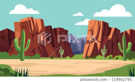 American Desert Nature Landscape Wallpaper with Rocky Cliff and Cactus Plant in Bright Sky American Desert Nature Landscape Wallpaper with Rocky Cliff and Cactus Plant in Bright Sky 119982795