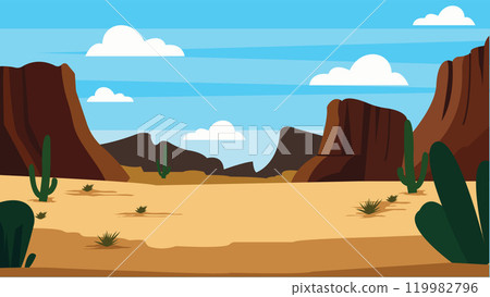 American Desert Nature Landscape Wallpaper with Rocky Cliff and Cactus Plant in Bright Sky American Desert Nature Landscape Wallpaper with Rocky Cliff and Cactus Plant in Bright Sky 119982796