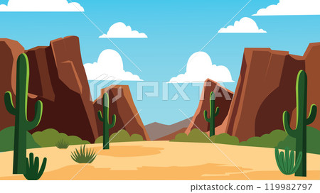 American Desert Nature Landscape Wallpaper with Rocky Cliff and Cactus Plant in Bright Sky 119982797