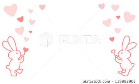 Hand-drawn line drawing of a rabbit in love flying hearts 119982902