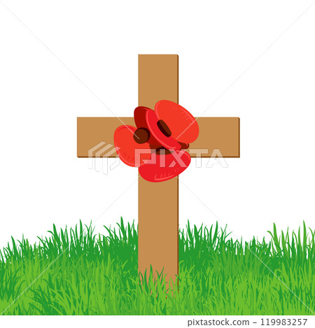 A wooden cross with red poppies stuck into a green lawn. Traditional decoration for Poppy Day in the UK on November 11. Remembrance Day for soldiers who died in World War I. A symbol of remembrance. A wooden cross with red poppies stuck into a green lawn. Traditional decoration for Poppy Day in the UK on November 11. Remembrance Day for soldiers who died in World War I. A symbol of remembrance. 119983257