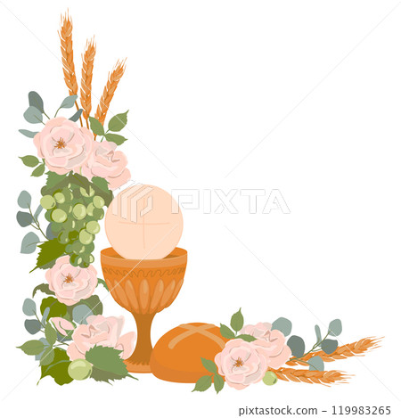 Catholic First Communion. Vector. Golden bowl for wine, bread, wine, grapes, white roses. Elements for beautiful invitation design. Festively decorated altar. 119983265
