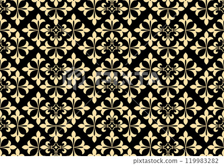 Flower geometric pattern. Seamless vector background. Golden and black ornament. Ornament for fabric, wallpaper, packaging. Decorative print Flower geometric pattern. Seamless vector background. Golden and black ornament. Ornament for fabric, wallpaper, packaging. Decorative print 119983282