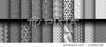 Geometric set of seamless black and white patterns. Simple vector graphics. 119983288