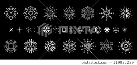 Snowflakes icon collection. Graphic modern black and white ornament. Snowflakes icon collection. Graphic modern black and white ornament. 119983289