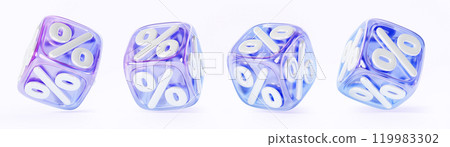 3d glass holographic cube with percent sign isolated render icon set. Iridescent geometric block shape with discount percentage, sale, bonus. Crystal square box with gradient texture. 3D illustration 119983302
