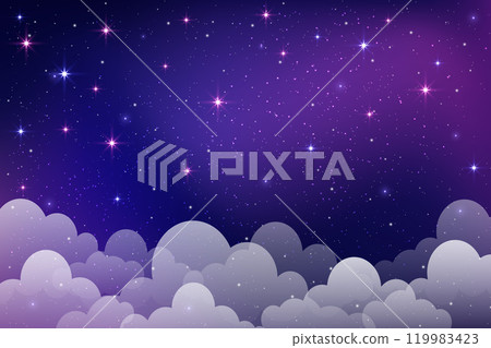 Starry night sky with clouds. Vector cute magic space background. Dreamy illustration of cosmos. Cartoon fantasy blue and purple universe scene. Fantasy landscape 119983423