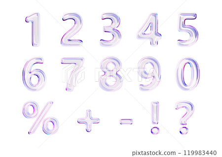 3d glass holographic liquid transparent numbers font from 0 to 9, percent sign, question mark, exclamation, plus and minus symbol. Rainbow glossy balloons with gradient texture render. 3D illustration 3d glass holographic liquid transparent numbers font from 0 to 9, percent sign, question mark, exclamation, plus and minus symbol. Rainbow glossy balloons with gradient texture render. 3D illustration 119983440