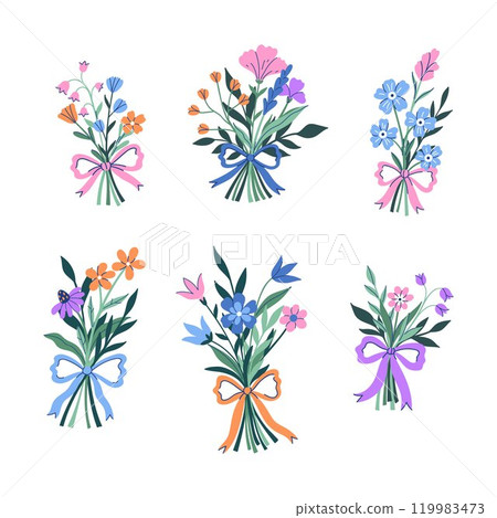 Set of bouquets of flowers tied with ribbons. Vector graphics. Set of bouquets of flowers tied with ribbons. Vector graphics. 119983473