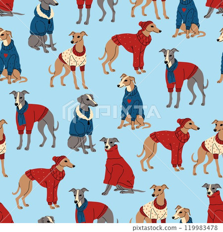Seamless pattern with greyhounds in clothes. Vector graphics. Seamless pattern with greyhounds in clothes. Vector graphics. 119983478