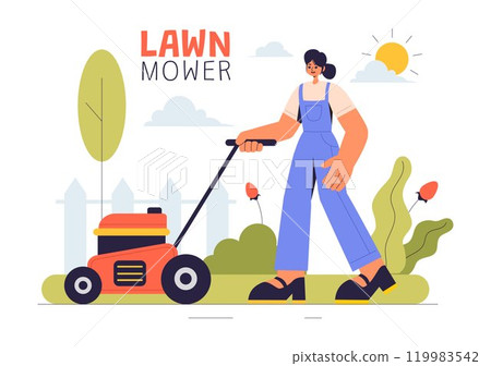 Lawn Mower Vector Illustration Featuring Grass Cutting, Trimming, and Care in a Summer Gardening Flat Style Cartoon Background Lawn Mower Vector Illustration Featuring Grass Cutting, Trimming, and Care in a Summer Gardening Flat Style Cartoon Background 119983542