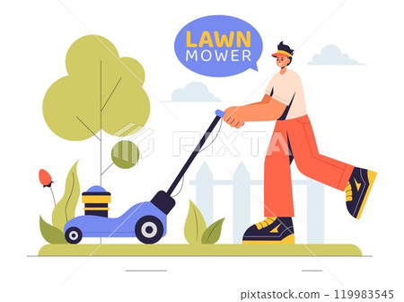 Lawn Mower Vector Illustration Featuring Grass Cutting, Trimming, and Care in a Summer Gardening Flat Style Cartoon Background Lawn Mower Vector Illustration Featuring Grass Cutting, Trimming, and Care in a Summer Gardening Flat Style Cartoon Background 119983545