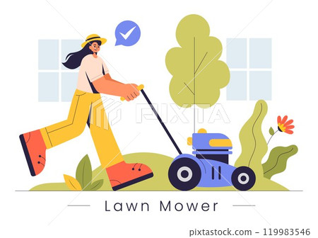 Lawn Mower Vector Illustration Featuring Grass Cutting, Trimming, and Care in a Summer Gardening Flat Style Cartoon Background Lawn Mower Vector Illustration Featuring Grass Cutting, Trimming, and Care in a Summer Gardening Flat Style Cartoon Background 119983546