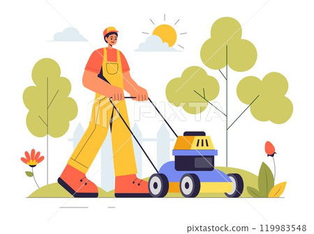 Lawn Mower Vector Illustration Featuring Grass Cutting, Trimming, and Care in a Summer Gardening Flat Style Cartoon Background Lawn Mower Vector Illustration Featuring Grass Cutting, Trimming, and Care in a Summer Gardening Flat Style Cartoon Background 119983548