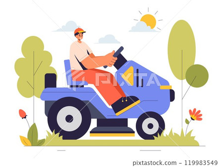 Lawn Mower Vector Illustration Featuring Grass Cutting, Trimming, and Care in a Summer Gardening Flat Style Cartoon Background Lawn Mower Vector Illustration Featuring Grass Cutting, Trimming, and Care in a Summer Gardening Flat Style Cartoon Background 119983549